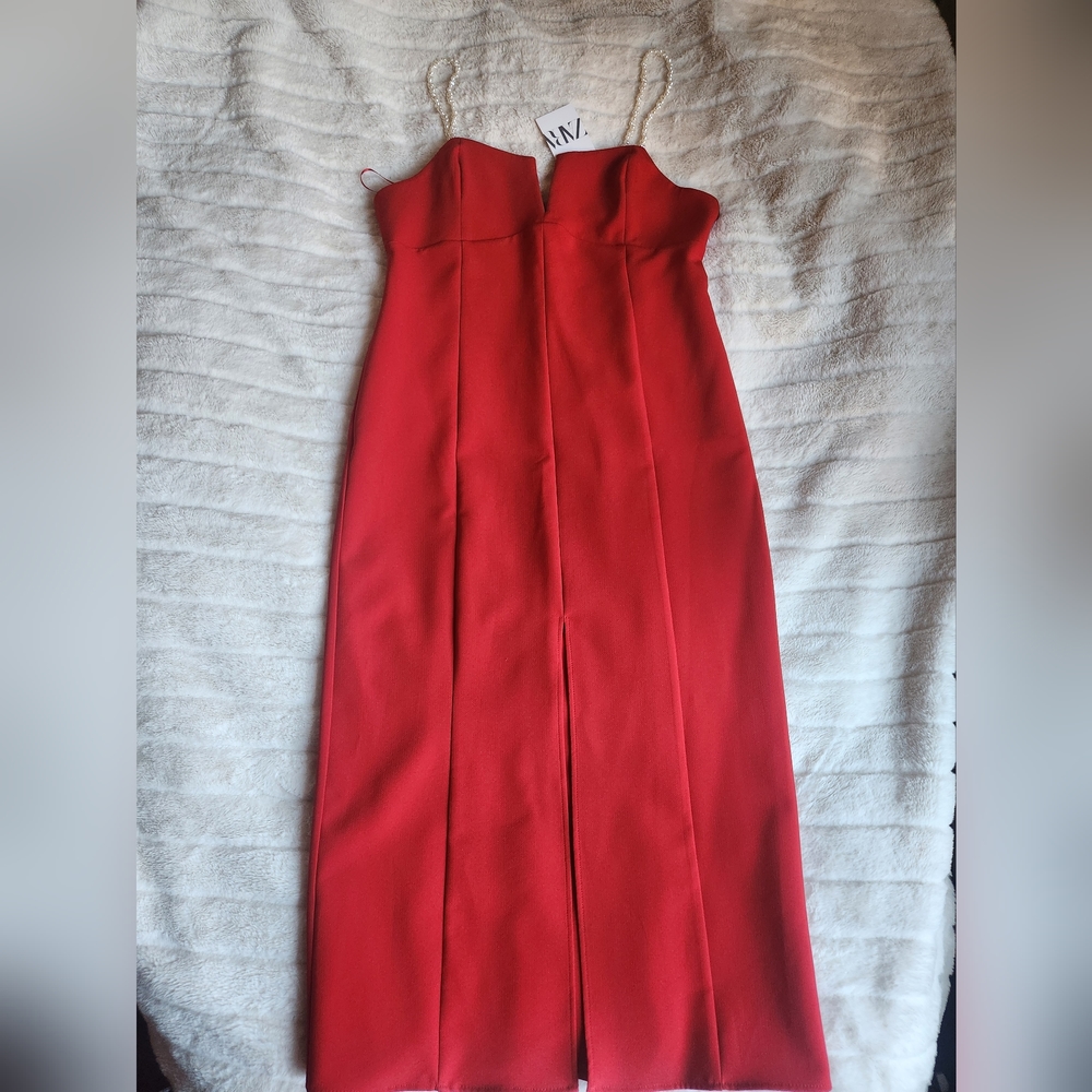Zara midi dress with pearl straps red size XL BNWT - Picture 15 of 15